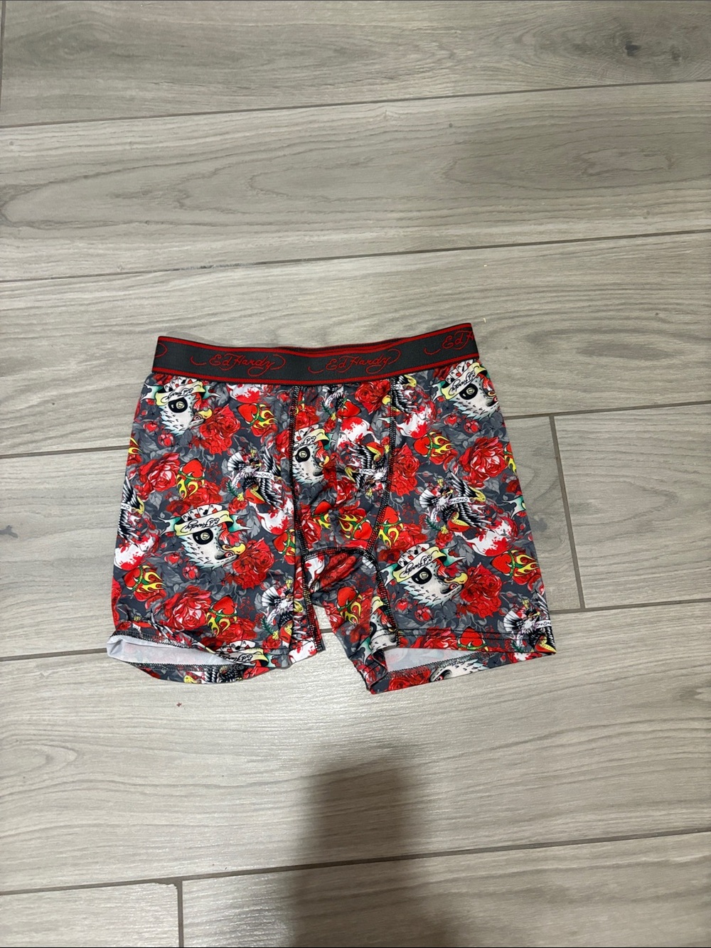 Ed Hardy Red and Gray Floral Skull Boxer Briefs